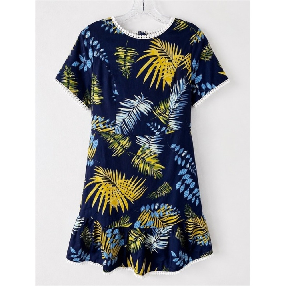 Entro Tropical Palm Leaf Mini Dress Navy Blue‎ Yellow Medium Lattice Back Boho